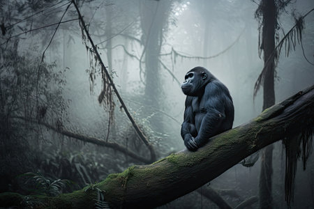 gorilla in the misty forest, sitting on a tree branch, created with generative aiの素材