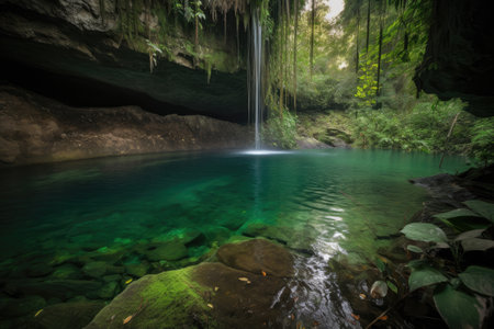 majestic waterfall plunging into crystal-clear pool of water, created with generative aiの素材