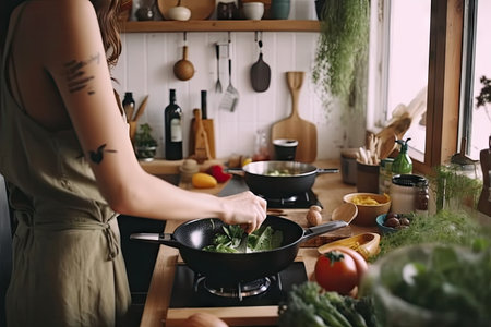 person, cooking delicious meal using only eco-friendly and sustainable ingredients, created with generative aiの素材