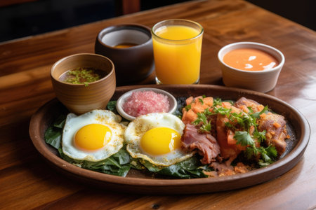 breakfast plate, with eggs and juices drizzled over the top, created with generative aiの素材