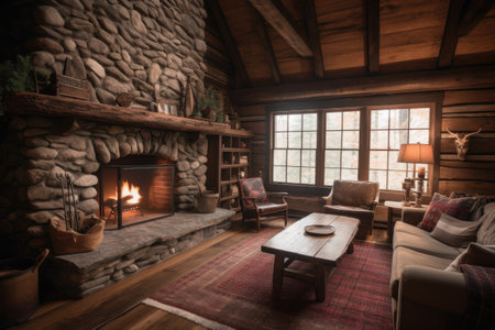 cozy cabin retreat with stone fireplace and warm blankets for wintery nights, created with generative aiの素材
