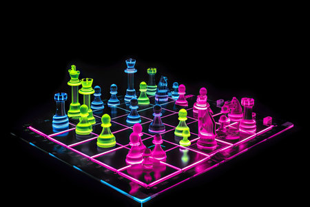 game of chess with neon pieces on black and white background, created with generative aiの素材