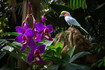exotic bird perched atop blooming orchid in tropical garden, created with generative aiの素材