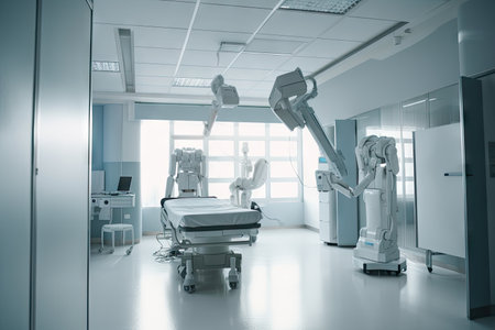 medical robot performing on patient, with view of the operating room visible, created with generative aiの素材