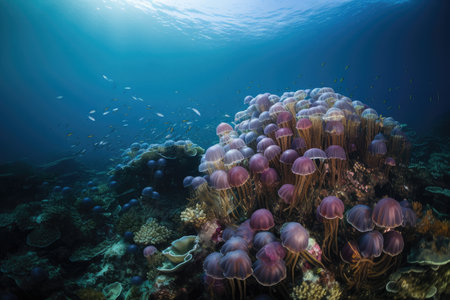 jellyfish swimming in a sea of corals and fish, created with generative aiの素材