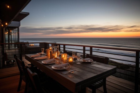 al fresco dining with a view of the ocean on a warm summer evening, created with generative aiの素材