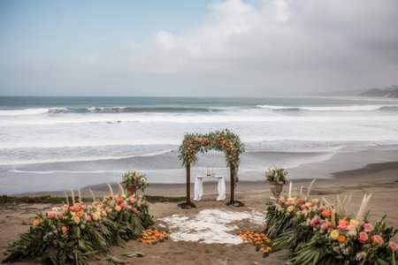 ceremony with view of the beach, waves crashing on shore, created with generative aiの素材