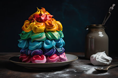 rainbow meringue cake with layers of different colored meringues, created with generative aiの素材