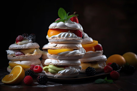 stack of meringue rounds, with layers and flavors of different fruits, created with generative aiの素材