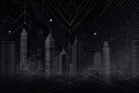 geometric line art and contours of a city skyline against the night sky, created with generative aiの素材