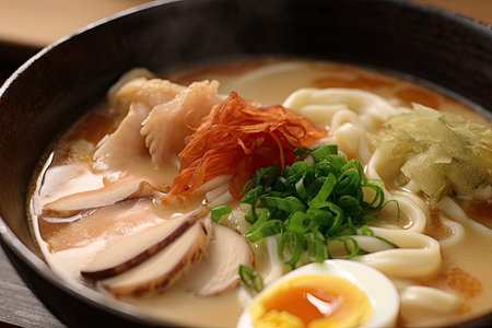 close-up of rich and silky tonkotsu broth, with noodles and toppings in the background, created with generative aiの素材