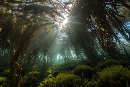 kelp forest with schools of fish swimming among the fronds, created with generative aiの素材
