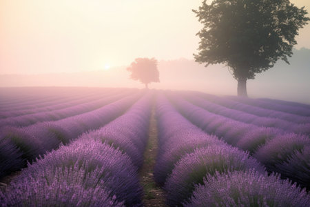 lavender field in the misty morning light, created with generative aiの素材