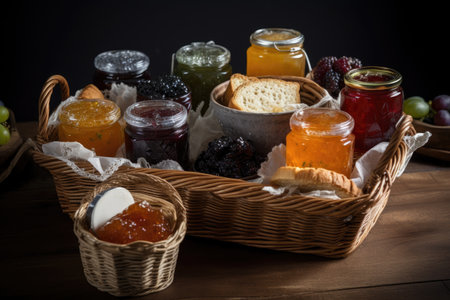 basket filled with variety of homemade preserves, including jams, jellies and marmalades, created with generative aiの素材