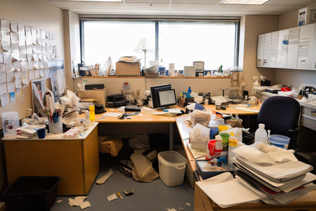 busy office, with cleaning supplies and tools for quick clean-up between meetings, created with generative aiの素材