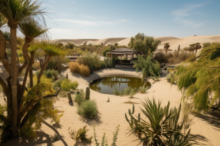 oasis in the middle of a desert, surrounded by sand dunes and cacti, created with generative aiの素材