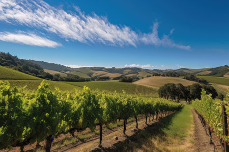 vineyard with rolling hills and blue sky, a classic view of the wine country, created with generative aiの素材