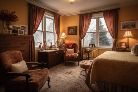 bed and breakfast with warm decor, comfortable armchairs, and cozy atmosphere, created with generative aiの素材