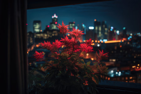 neon plant, with view of busy city street, showing contrast between nature and the urban landscape, created with generative aiの素材