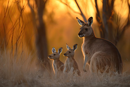 family of kangaroos at sunset, with the mothers pouch and baby in full view, created with generative aiの素材