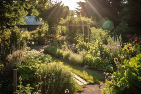 bright sun shining through fresh garden, bringing life and warmth, created with generative aiの素材