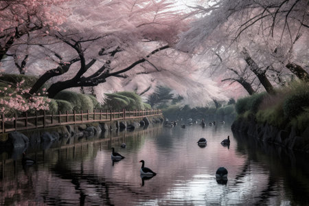 cherry blossom garden, with blooms in full bloom and birds singing, created with generative aiの素材