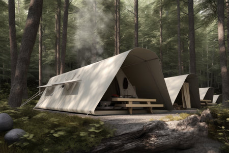 modern, minimalist campsite with sleek design and natural elements, created with generative aiの素材