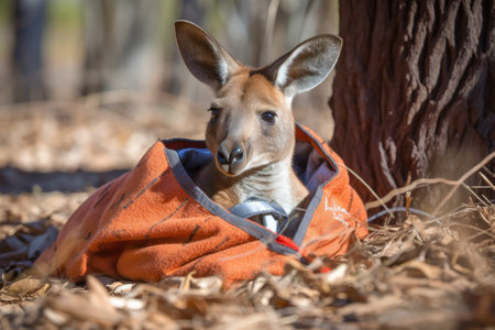 kangaroo resting on the ground, pouch open, warm and safe, created with generative aiの素材