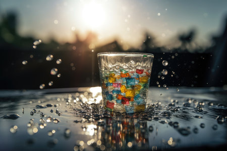 microplastics floating in a glass of water, with the sun shining through, created with generative aiの素材