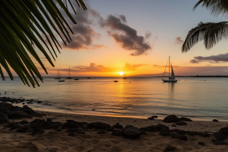 exotic beach, with view of the sunset, and sailboats in the distance, created with generative aiの素材