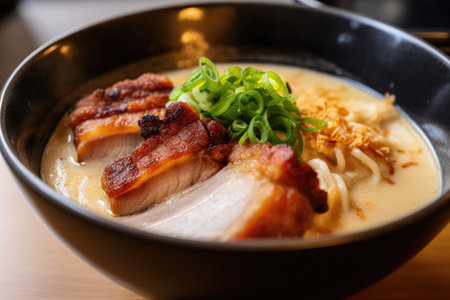 close-up of rich and creamy bowl of tonkotsu ramen with noodles, crispy pork belly, and green onions, created with generative aiの素材