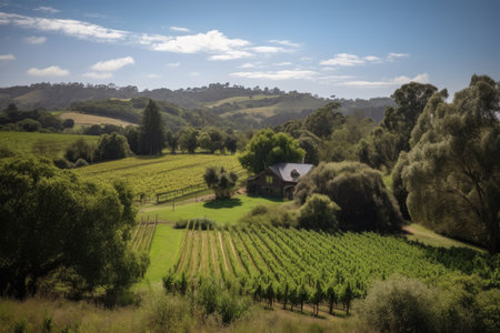 vineyard with a view of the rolling hills and pastures, providing a peaceful escape, created with generative aiの素材
