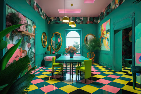 hallucinogenic plant-inspired room design with bold colors and geometric patterns, created with generative aiの素材