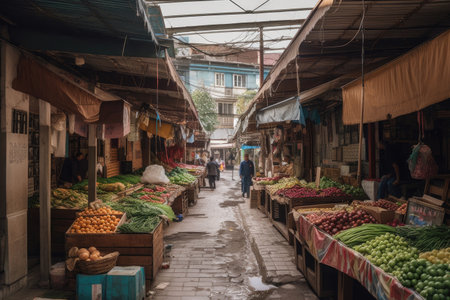covered street market, with colorful stalls selling fresh produce and spices, created with generative aiの素材