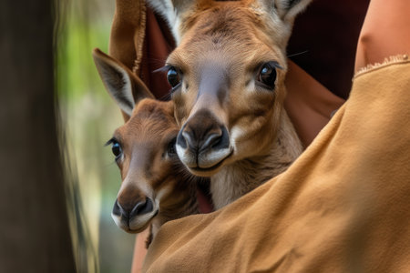 kangaroo mother with her joey peeking out of the pouch, looking curious and playful, created with generative aiの素材