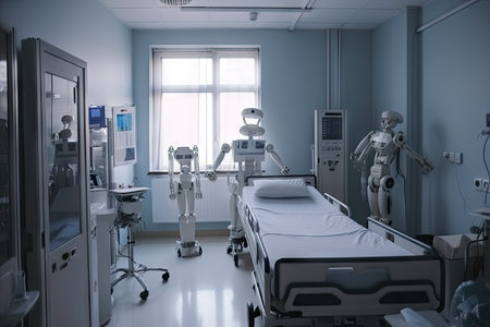 hospital ward, with medical and pharmaceutical robot providing care to patient, created with generative aiの素材