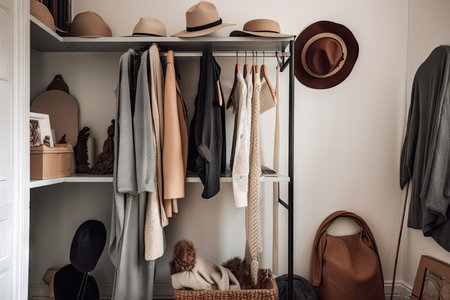 minimalist wardrobe with unique and quirky accessories, such as hats and scarves, created with generative aiの素材