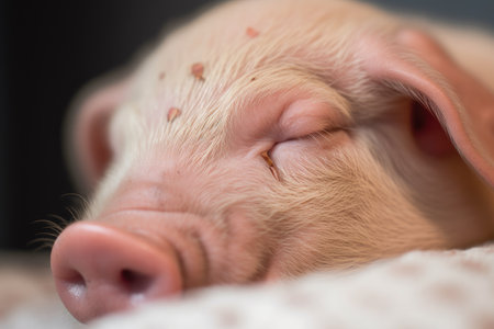 close-up of little piglets face, with its eyes closed and its snout puffed up in a nap, created with generative aiの素材