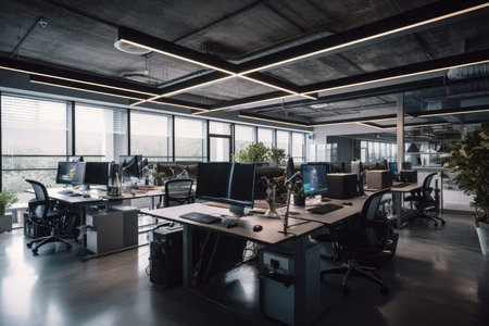 high-tech open office with touchscreens, holographic displays, and 3d printers, created with generative aiの素材