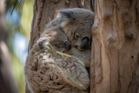 mother koala with her joey clinging to her in a eucalyptus tree, created with generative aiの素材