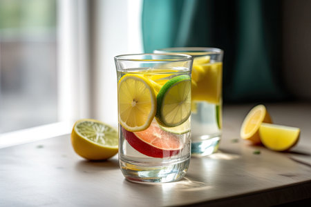 glass of fruit-infused water with slice of lemon and lime, created with generative aiの素材