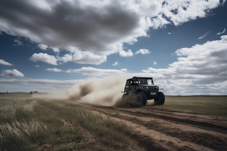 off-road vehicle speeding past open field, with clouds in the background, created with generative aiの素材