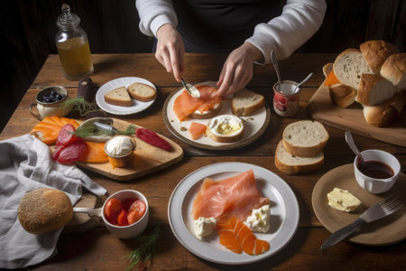 food stylist arranging plate of warm bagels with cream cheese, jam and smoked salmon, created with generative aiの素材