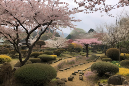 a cherry blossom garden, with blooming trees and a view of the surrounding landscape, created with generative aiの素材
