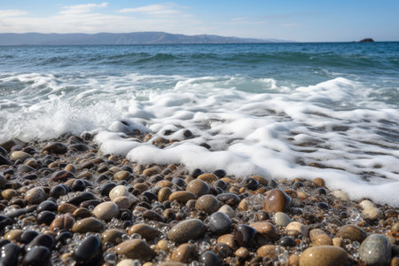 close-up of pebble beach with waves in the background, created with generative aiの素材