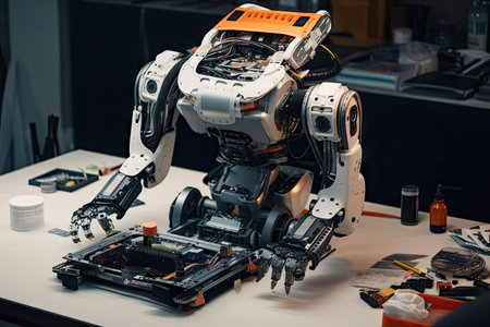 robot is being disassembled to perform routine maintenance, with all its components and parts visible, created with generative aiの素材