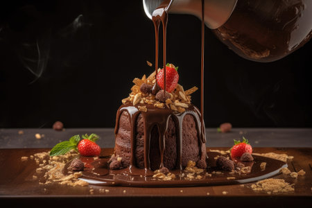 mouthwatering food presentation with drizzle of chocolate and sprinkling of nuts, created with generative aiの素材