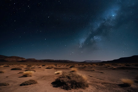 close-up of night sky with stars and moon over desert landscape, created with generative aiの素材