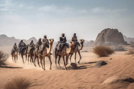 nomadic tribe crossing the desert on camelback, created with generative aiの素材