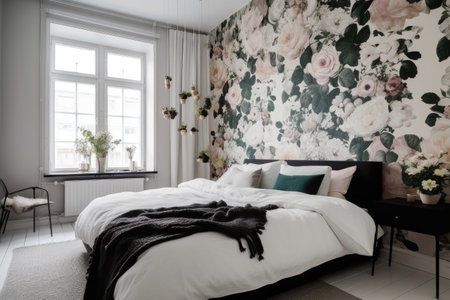 modern minimalistic bedroom with floral prints in the mix, created with generative aiの素材